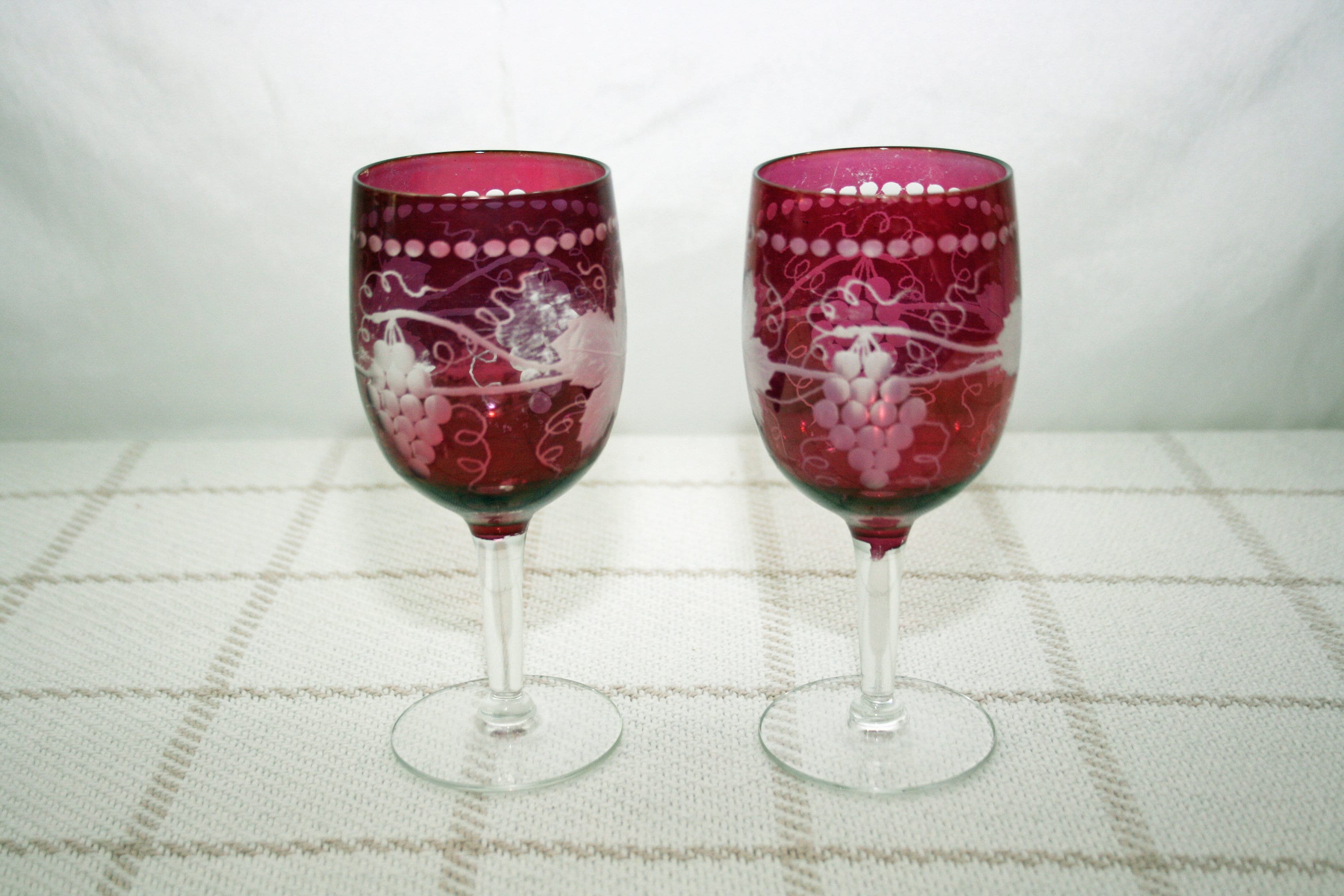 Extra large wine glasses set with etched Grape pattern c1900 - Ruby Lane