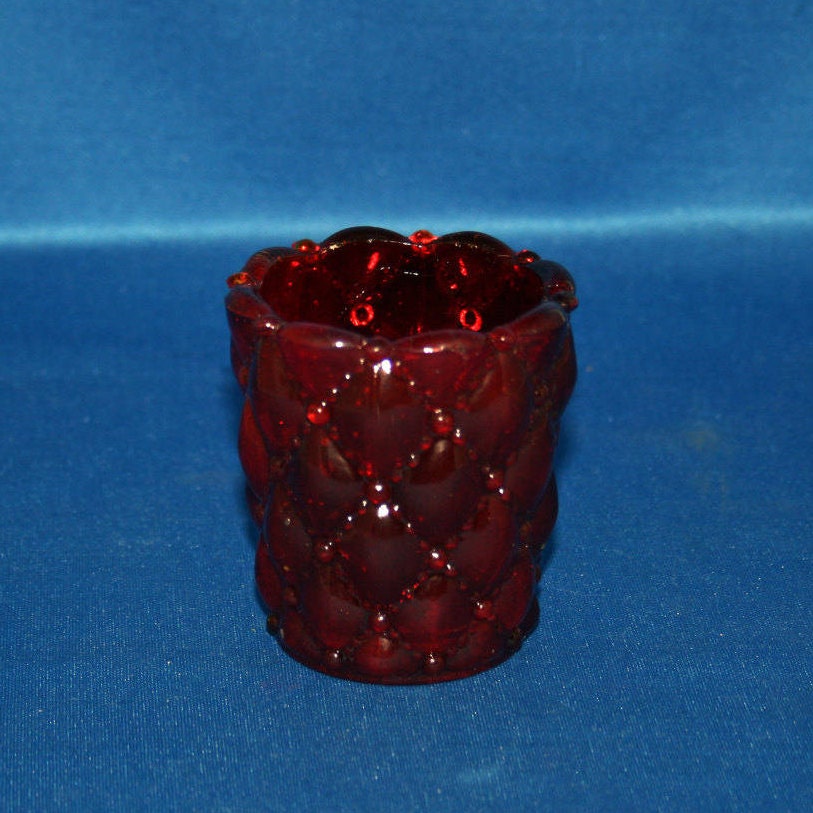Vintage Ruby Red Glass Votive Candle Cup Quilted Diamond and Bead
