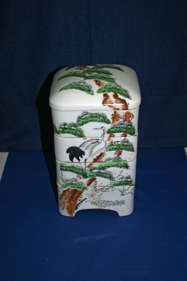 Antique Oriental Danju Jubako Koedo Stacking Box 4-Tier Matching Lid Lidded Ceramic Food Storage Tower stacking bowls nesting dish Japanese