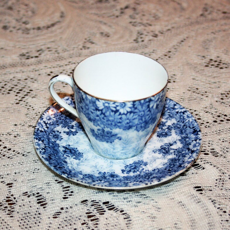 Antique Royal Doulton Blue Daisy Demitasse Teacup and Saucer Bone China