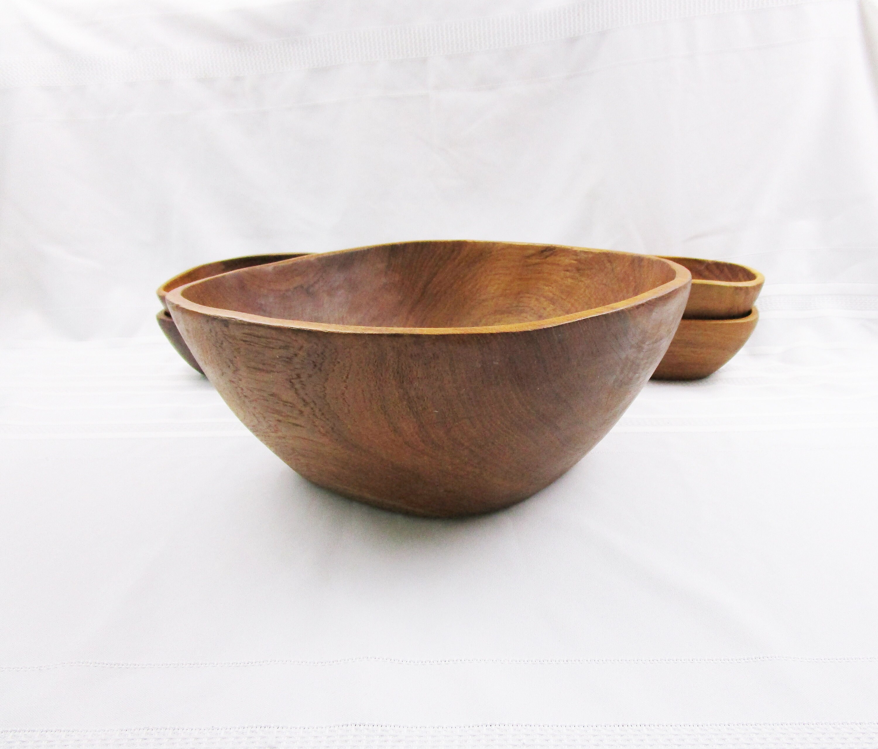 Vintage Teak Serving Bowl Set of 5 Wood Salad Bowls Hand Turned Carved