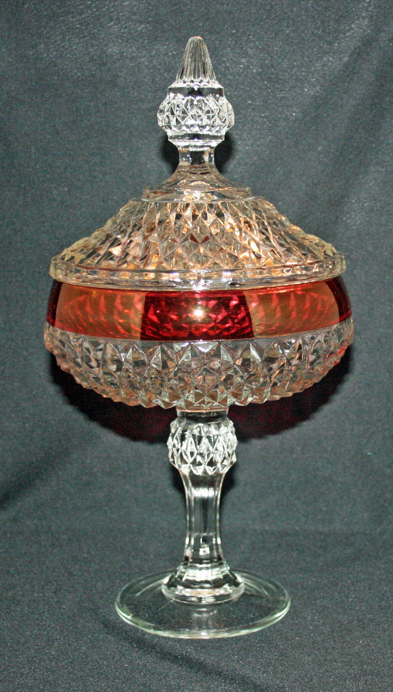 Vintage Indiana Glass Diamond Point Pedestal Candy Dish Ruby Band