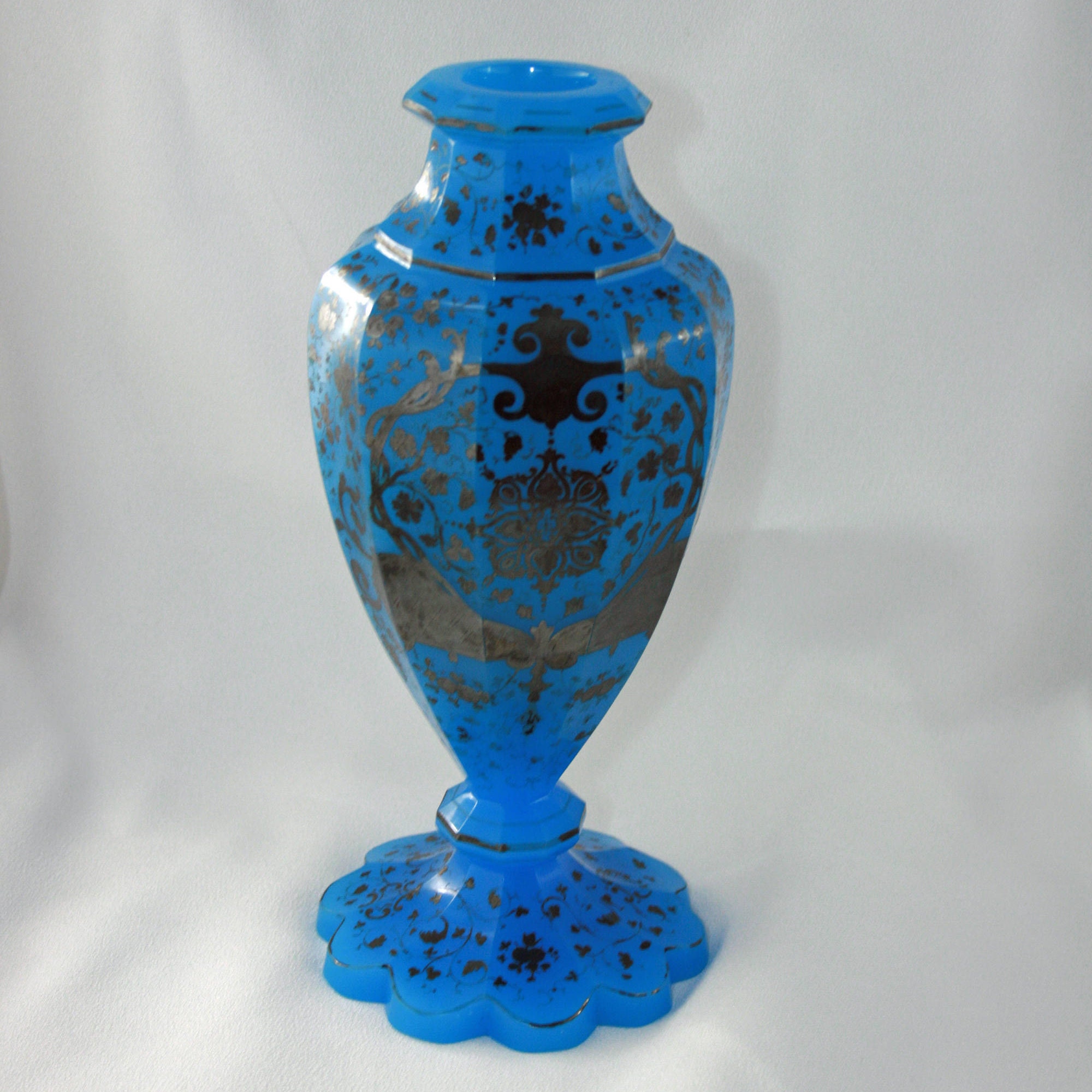 Antique French Blue Opaline Glass Vase Hand Blown with Hand Painted