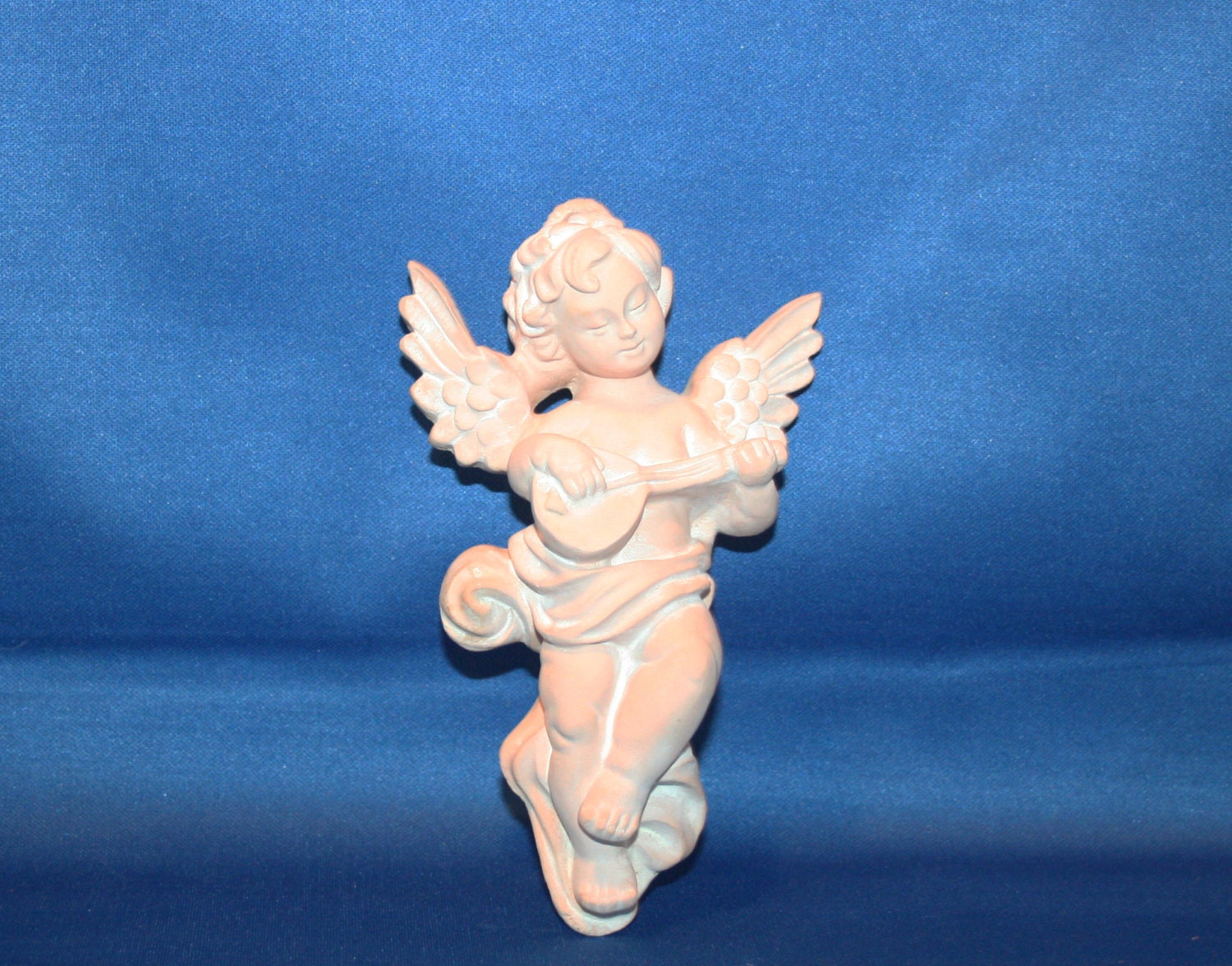Vintage Bisque Hanging Cherub Playing the Guitar Ceramic Angel