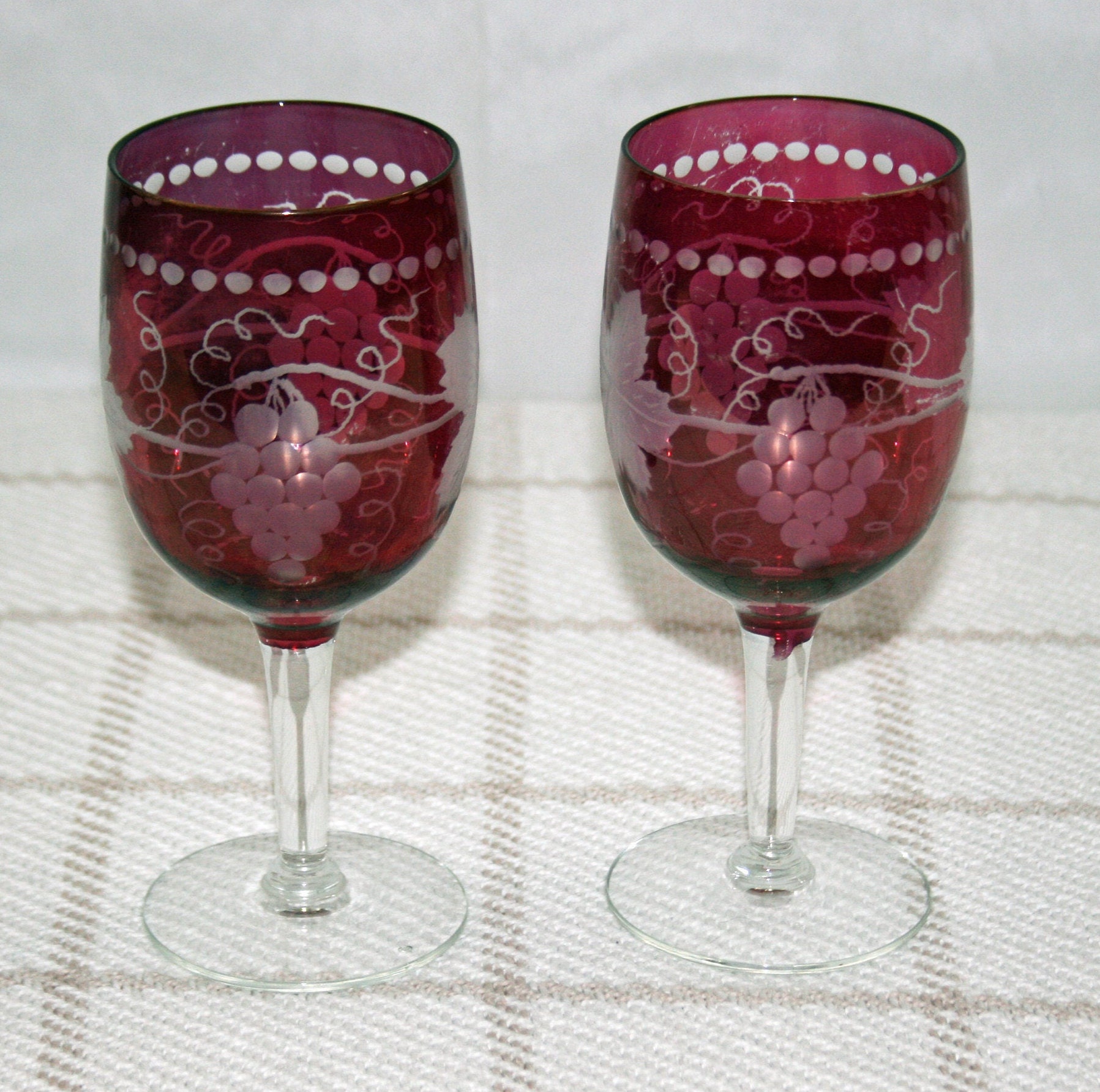 Vintage Pair Ruby Red Flash Wine Glasses Hand Etched Grape Motif