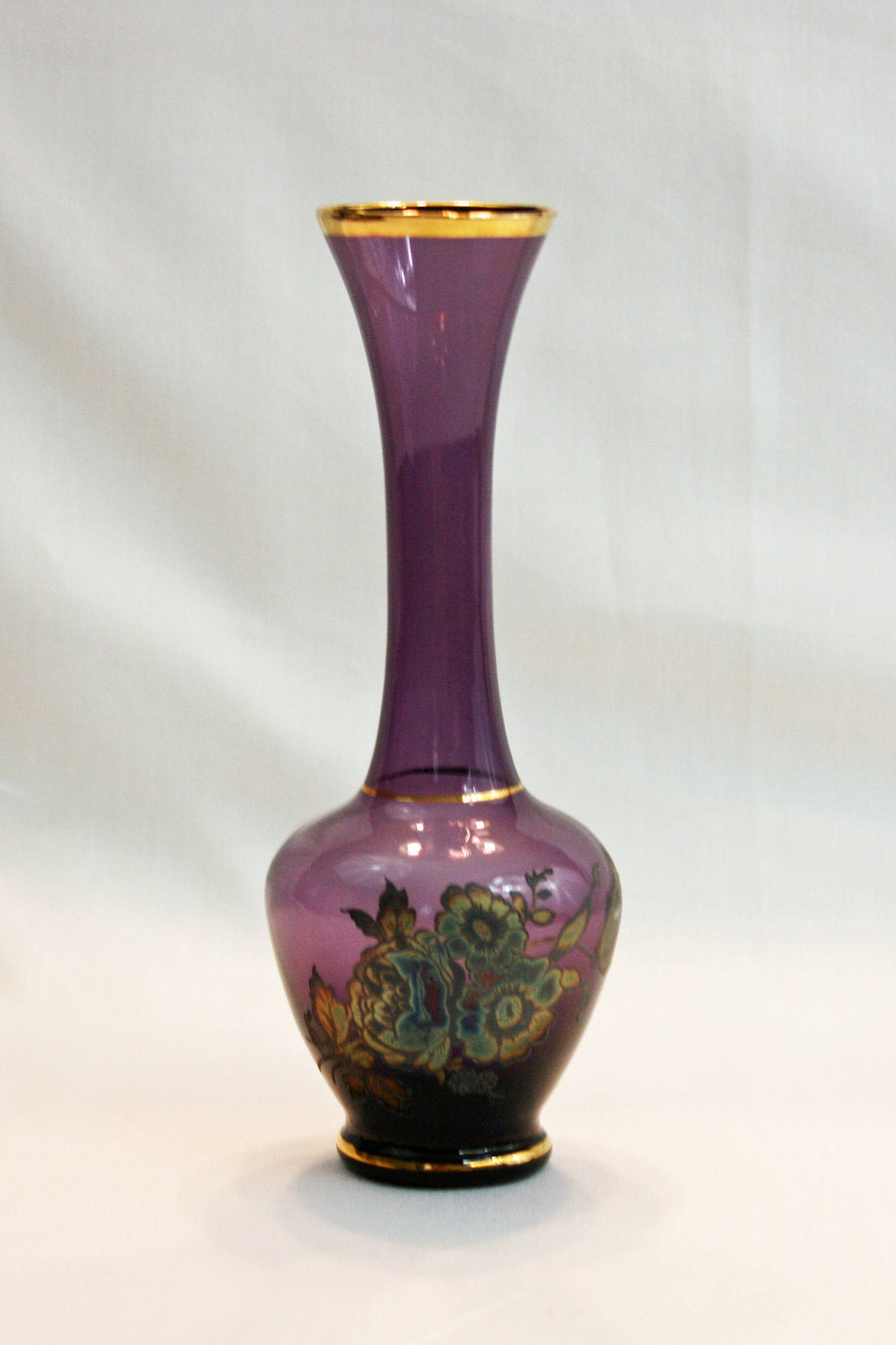Vintage Lefton Purple Amethyst Glass Bud Vase Hand Blown with Floral