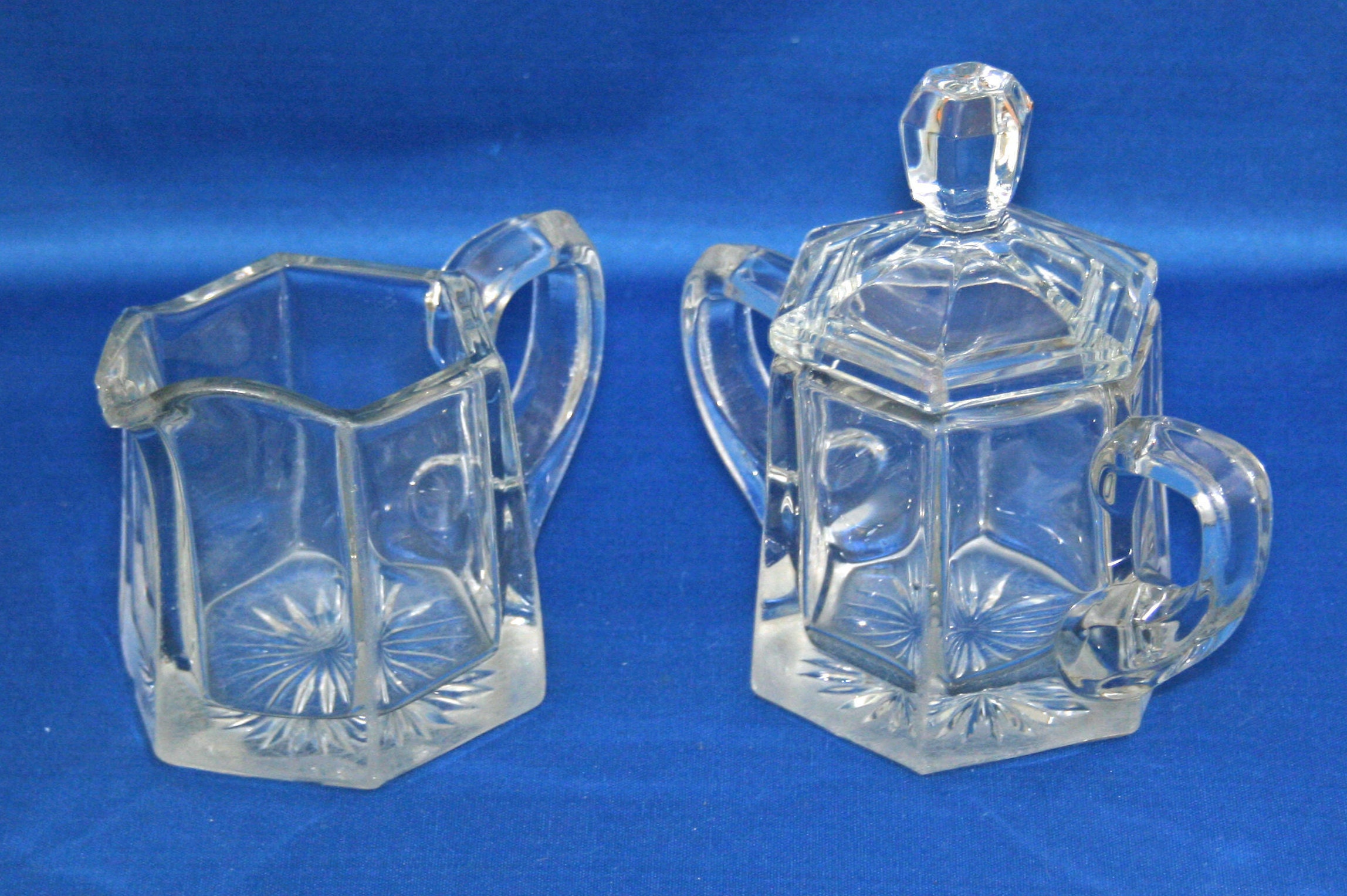 Antique Heisey Glass Creamer and Lidded Sugar Bowl Set 6 Hexagon Flat