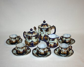 RARE Antique Louis XV style 16 piece Tea Set in Cobalt Blue Raised Gold Gilt Teapot Teacup Creamer Sugar Bowl Hand Decorated Tea Cup Party