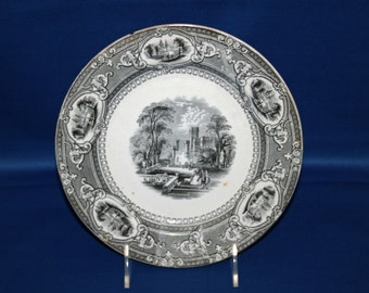 Antique Wedgwood & Co Plate Corinthia Pattern Earthenware Luncheon Plate Black Transferware circa 1860’s Enoch Wedgwood Unicorn Pottery