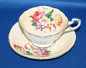 Vintage Paragon Cream Floral Teacup and Saucer by Royal Appointment for The Queen Elizabeth & H.M. Queen Mary English Tea Cup Garden Party