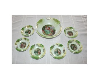 Antique Berry Bowl Set Schmidt & Co Victoria Austria Embossed Green and Gold 7 piece Porcelain Bowl set circa 1890 to 1918 Czechoslovakia