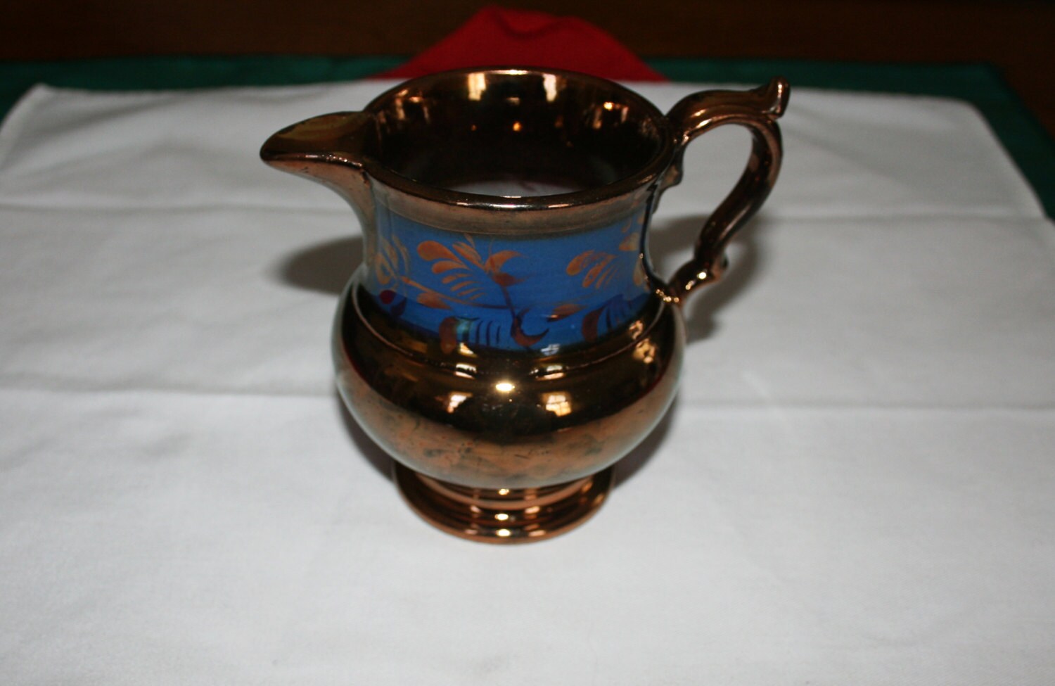 Antique Copper Lusterware Milk Creamer Pitcher with Blue Floral Band