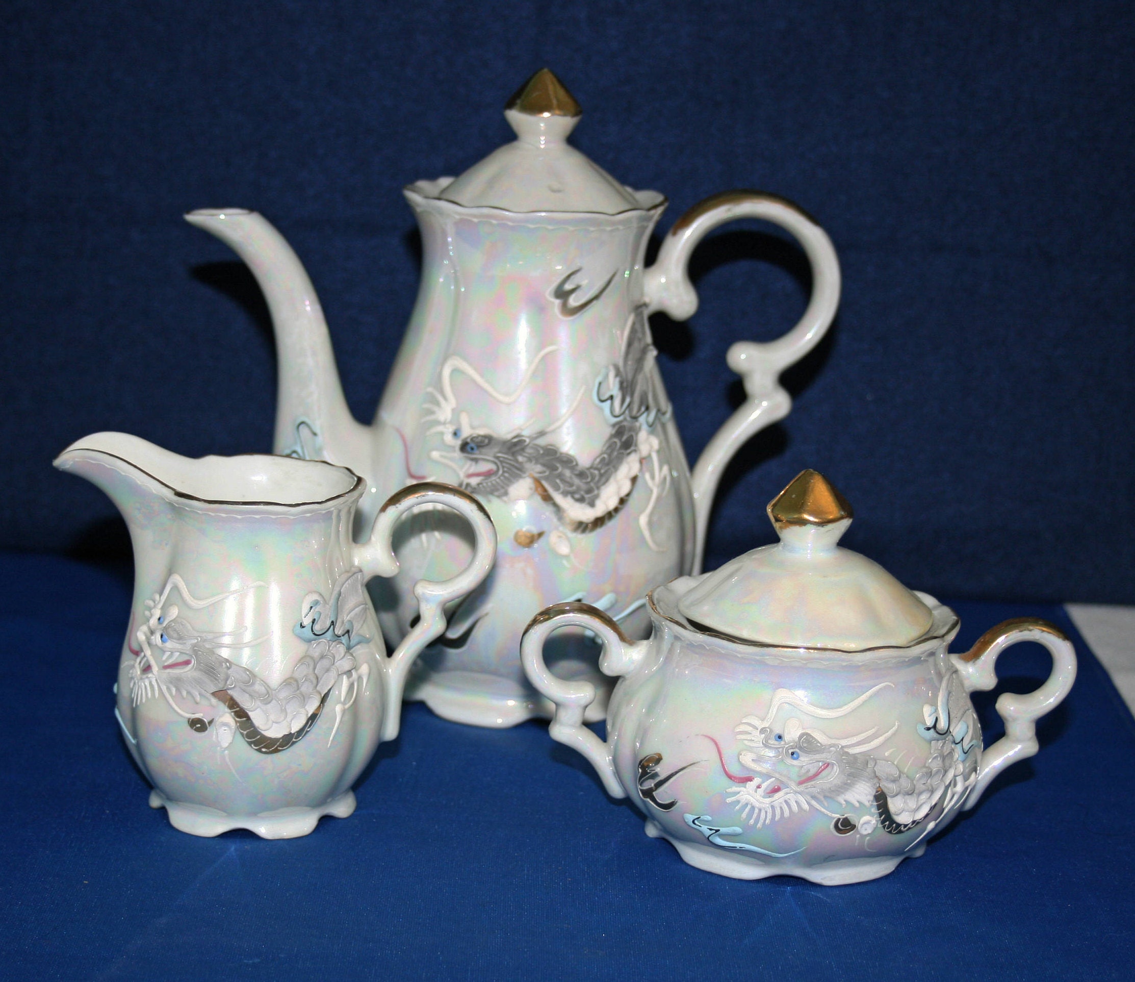 Vintage Dragonware Moriage Dragon Tea Set Tea Pot Creamer and Sugar