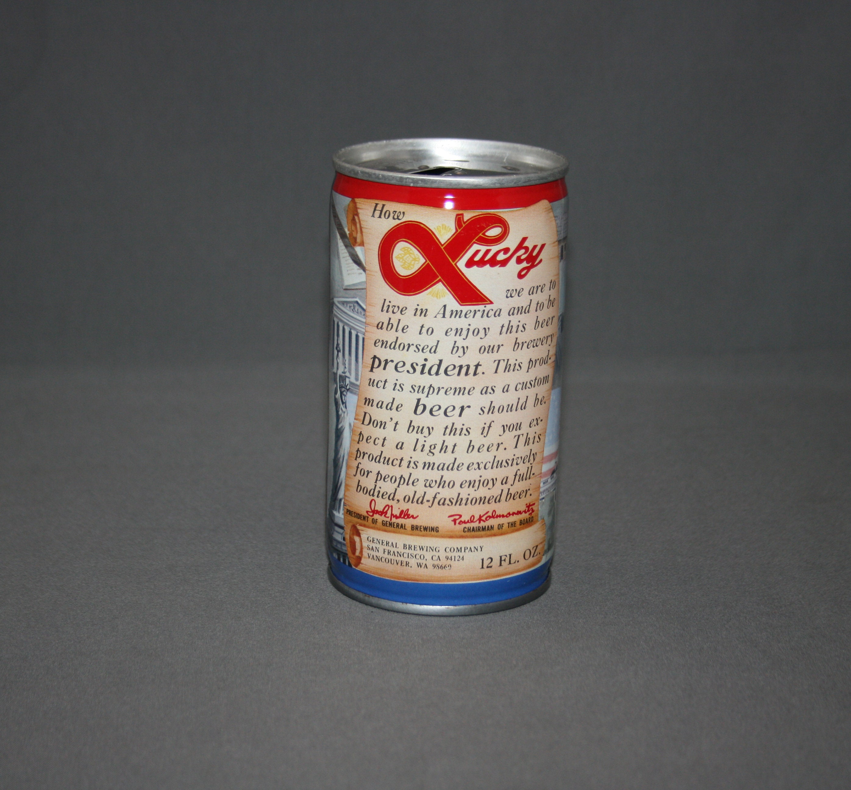 Vintage General Washington Lucky Beer Steel Can Pull Tab Opened & Empty Collectible Bar