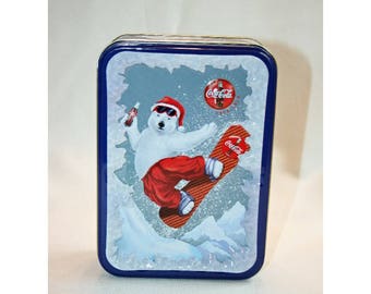 Vintage Coca-Cola Christmas Snow Boarding Santa Polar Bear Tin Collector’s Tin - Coca Cola Collectible Coke Memorabilia Ephemera Storage Box