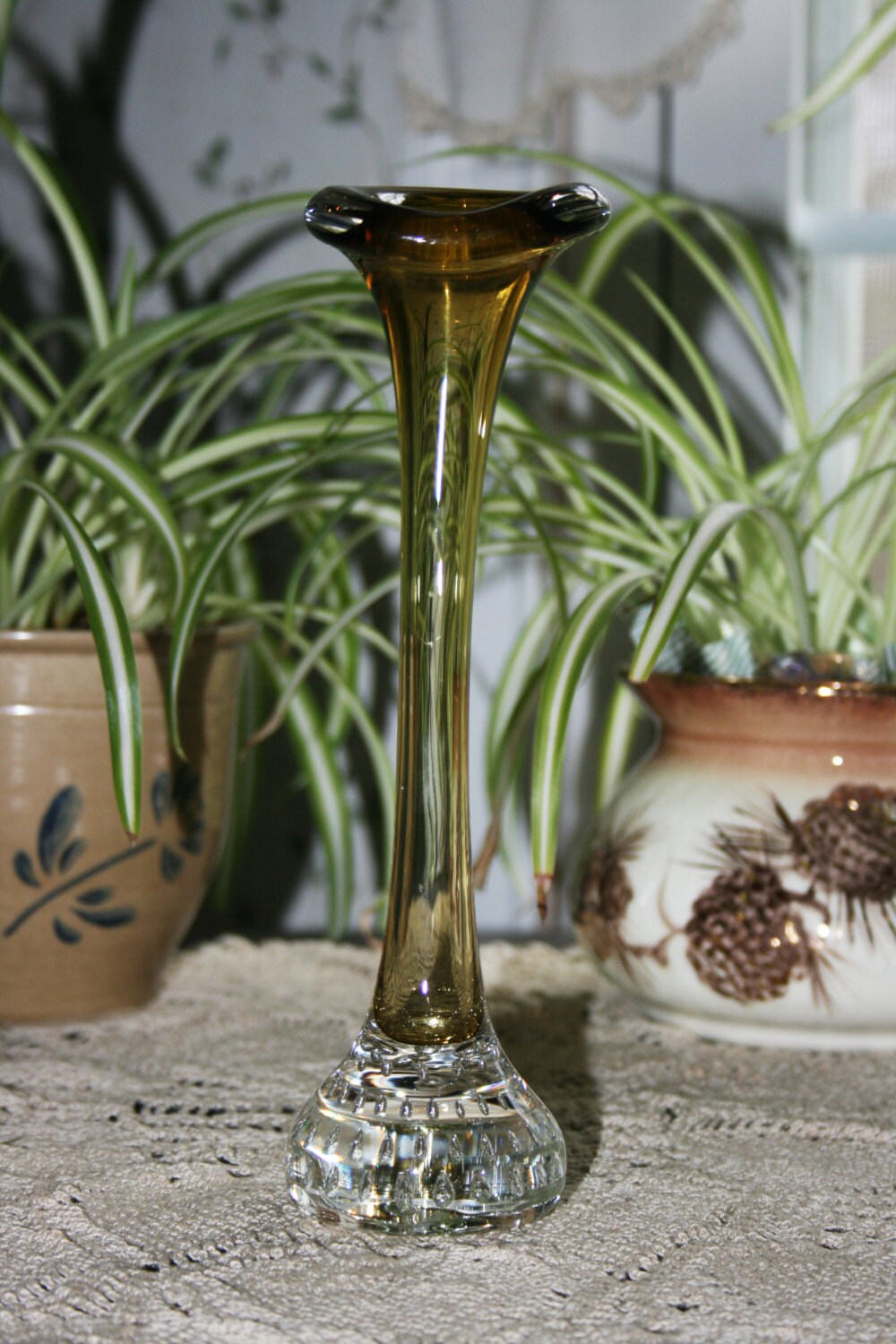 Vintage Hand Blown Controlled Bubble Amber Art Glass Bud Vase