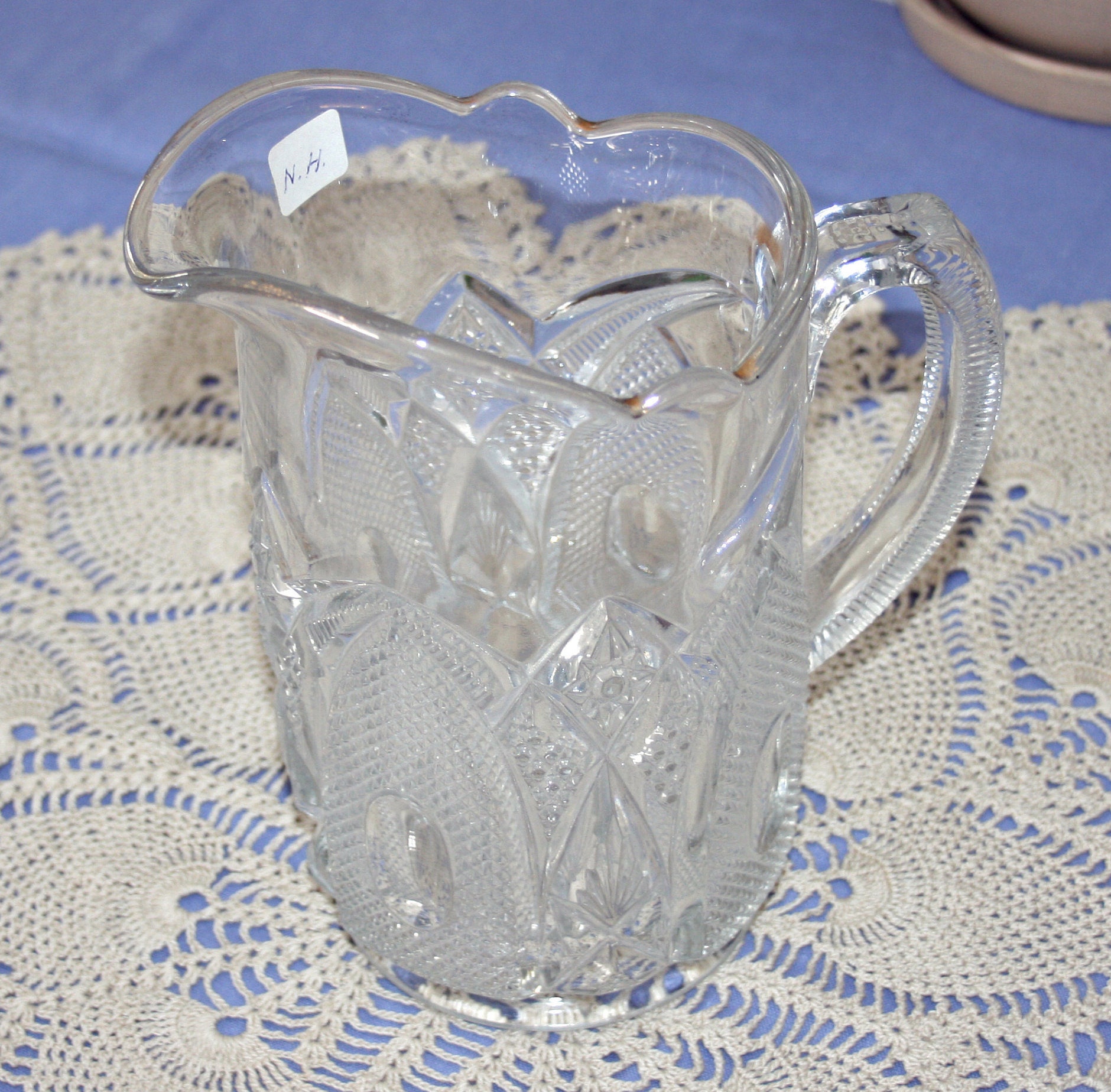 RARE Antique EAPG era Large Clear Glass Pitcher with Ribbed Handle made in  New Hampshire USA water lemonade milk Table Pitcher Tableware