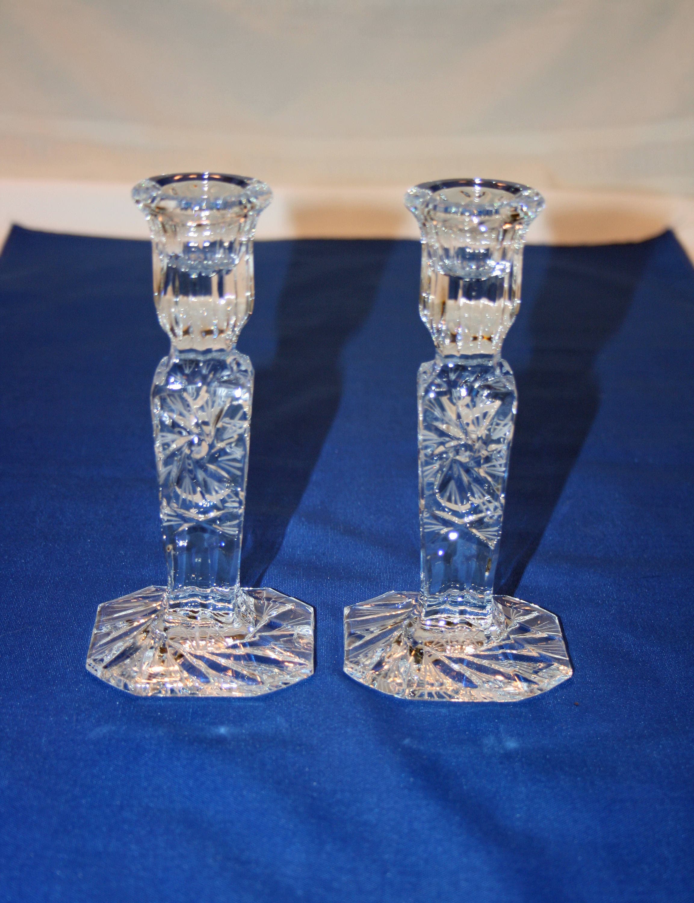Vintage Pair 6 inch Pressed Glass Candlesticks with Hand Cut Accents set of 2 Candle Holder