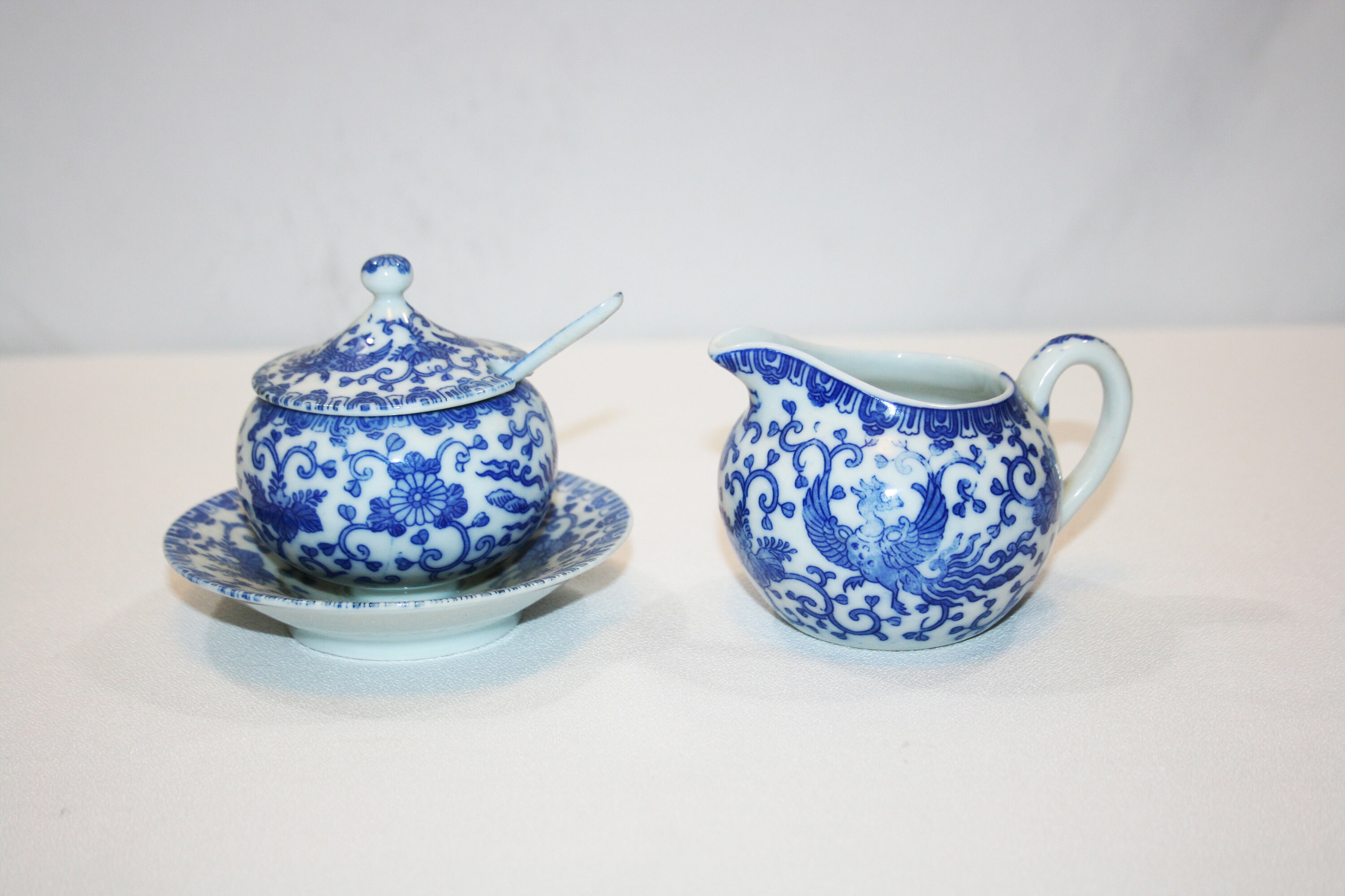 Antique Phoenix Creamer and Sugar Bowl set Blue and White Ceramic