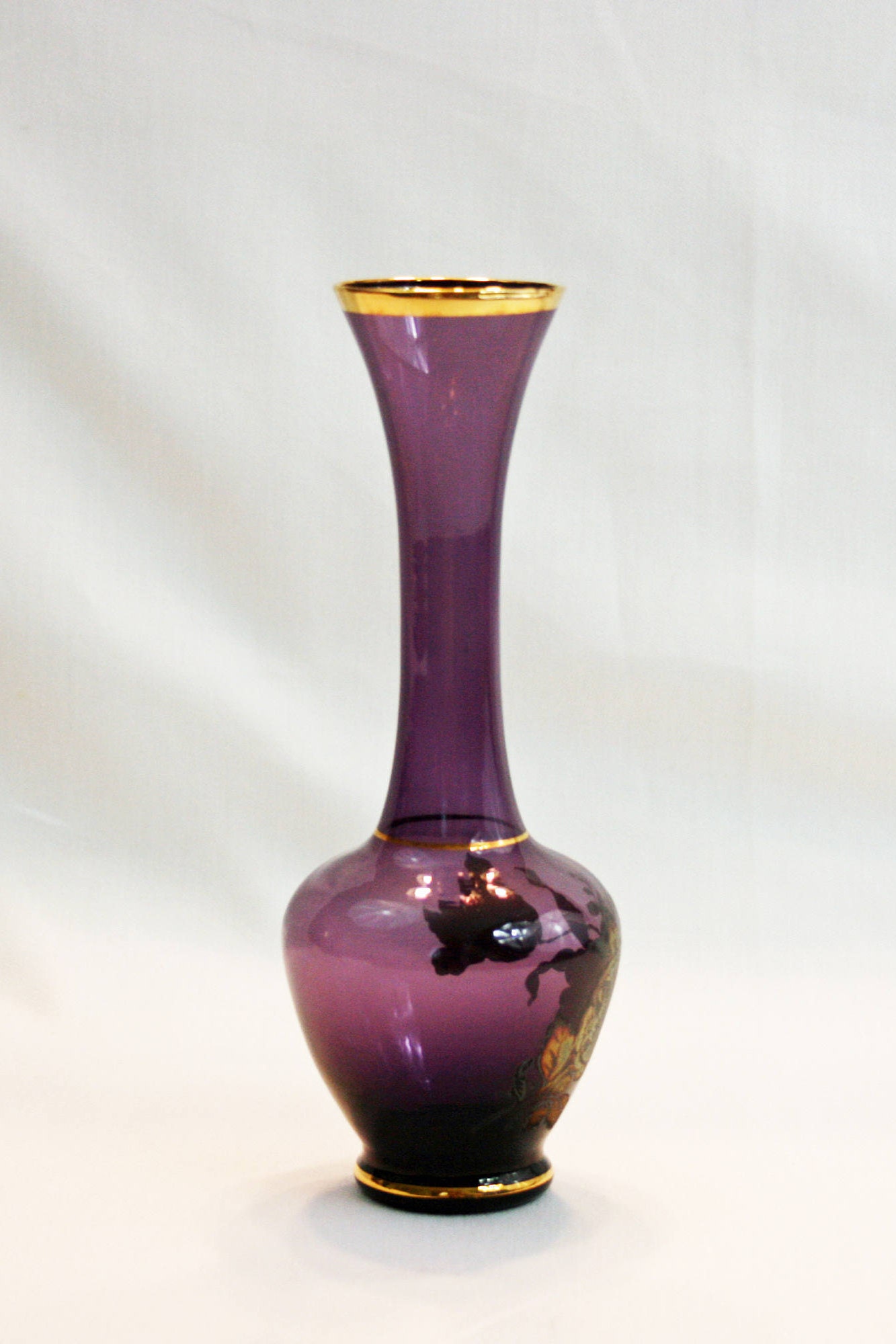 Vintage Lefton Purple Amethyst Glass Bud Vase Hand Blown With Floral Applique Made In Japan