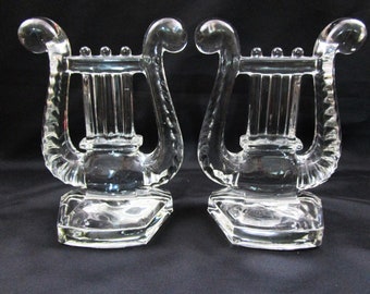 Antique EAPG era Glass Lyre Harp Design Flint Glass Bookends Book Ends 1850 - 1917