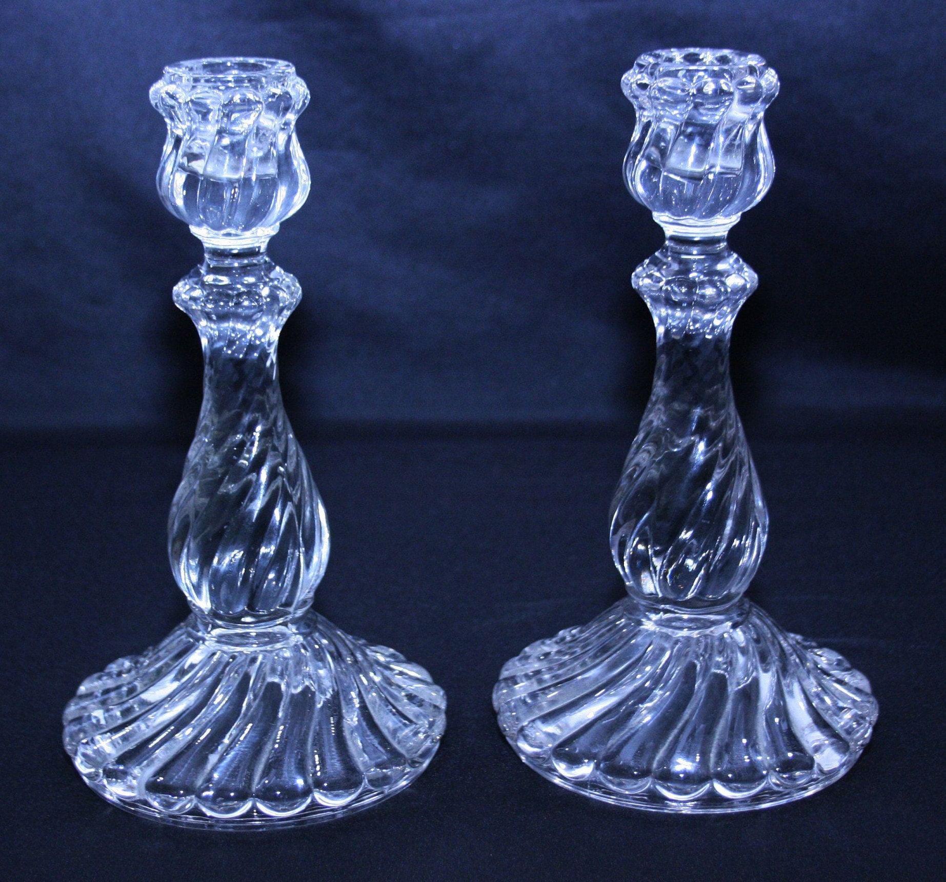 Antique Swirl Candlesticks EAPG era 9 inch Pressed Glass Spiral Pillar