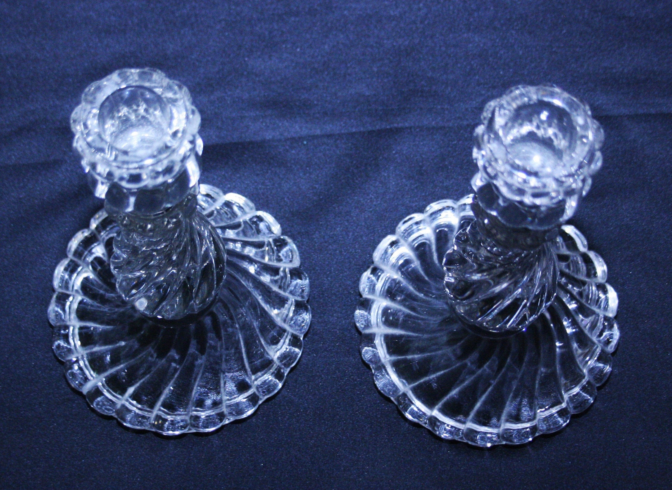 Antique Swirl Candlesticks EAPG era 9 inch Pressed Glass Spiral Pillar