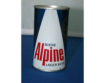 Vintage Biere Alpine Lager Beer Steel Can Alpine Breweries Limited opened empty Bar Memorabilia Barware Collectible Breweriana Advertisement