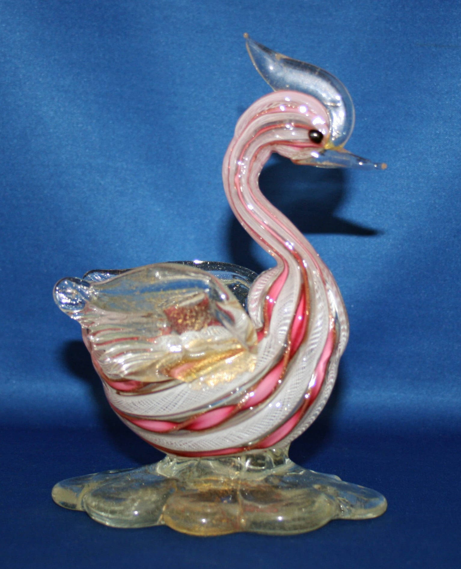 Vintage Murano Glass Pink Latticino White Zanfirico Gold Avertine Bird Sculpture Made In Italy