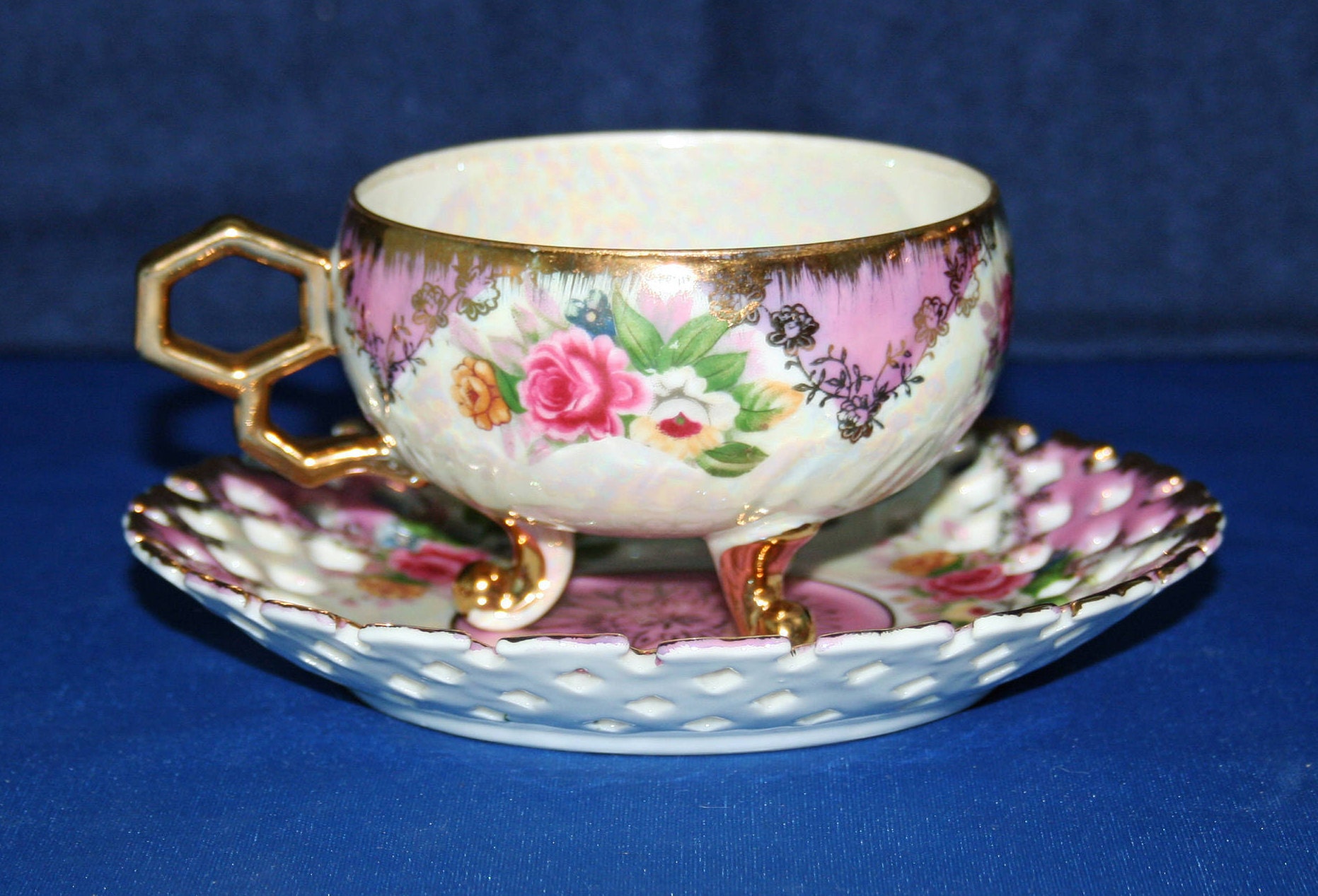 Vintage Shafford Lusterware Pink Floral TriFooted Teacup and