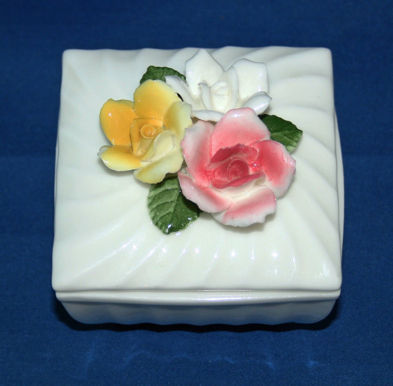 Vintage Square White Porcelain Lidded Trinket Box with Red, Yellow
