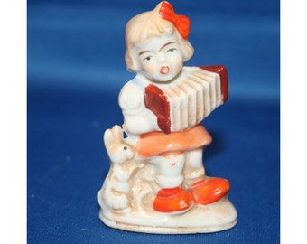 Vintage Porcelain Girl Figurine with Accordion and Bunny Figure Ceramic Made in Japan Knick Knack