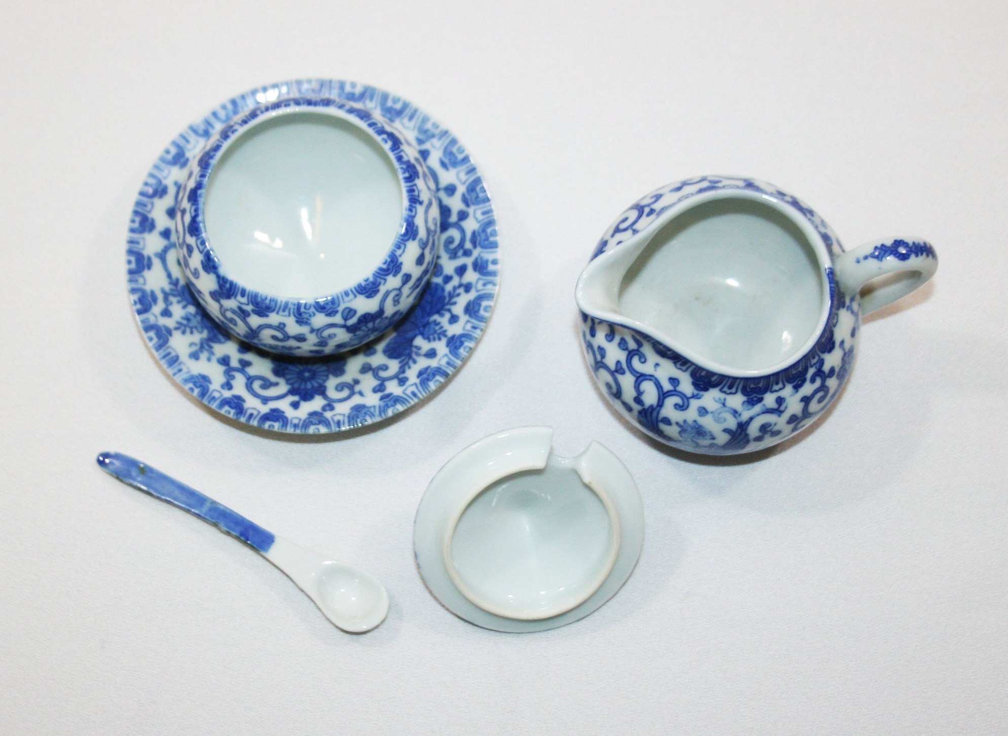 Antique Phoenix Creamer and Sugar Bowl set Blue and White Ceramic