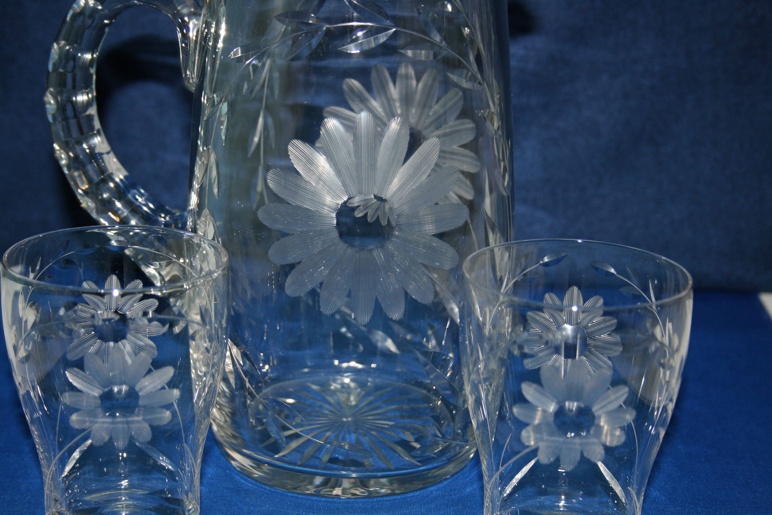 Antique Hand Cut Daisy 52oz Glass Pitcher and 2 Matching 8oz Glasses