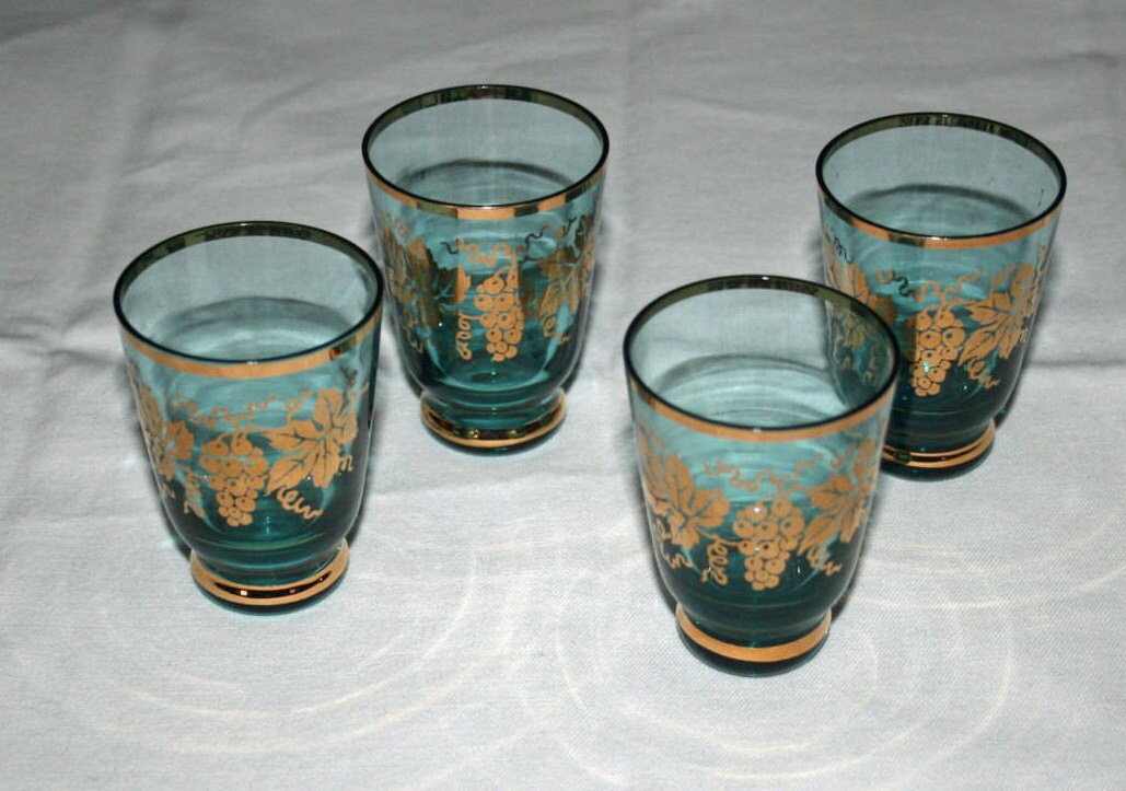 Vintage Blue Shot Glass Gold Leaf Grapevine Cordials Set of 4 Whiskey