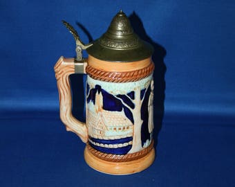 Vintage Porcelain German Beer Stein Pewter Lid Bar Collectible Hand Painted Breweriana  Memorabilia Barware Souvenir Ale Tankard