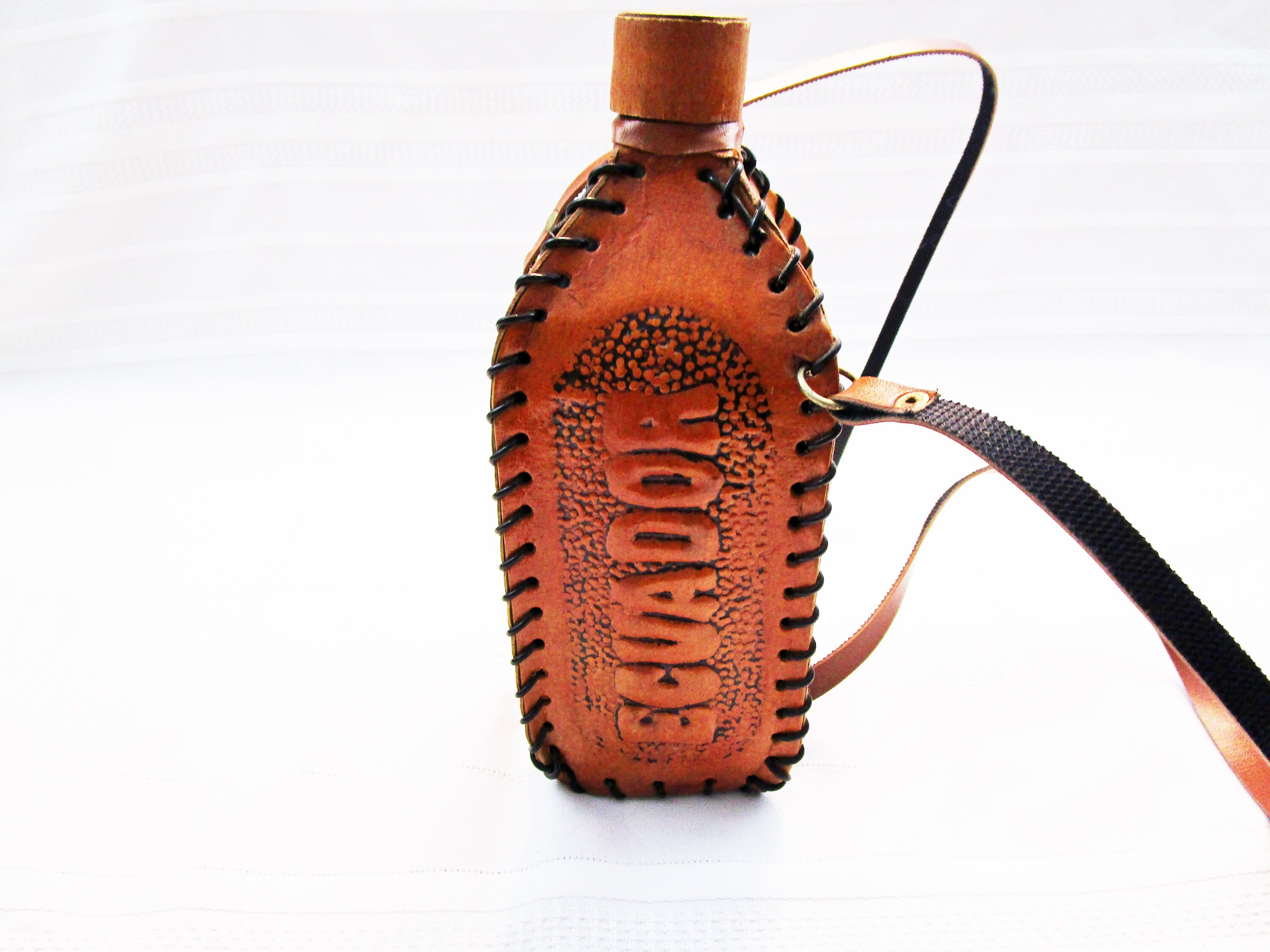 Vintage Ecuador Souvenir Decanter Canteen Hand Tooled Leather Covered Glass Bottle w/ Shoulder