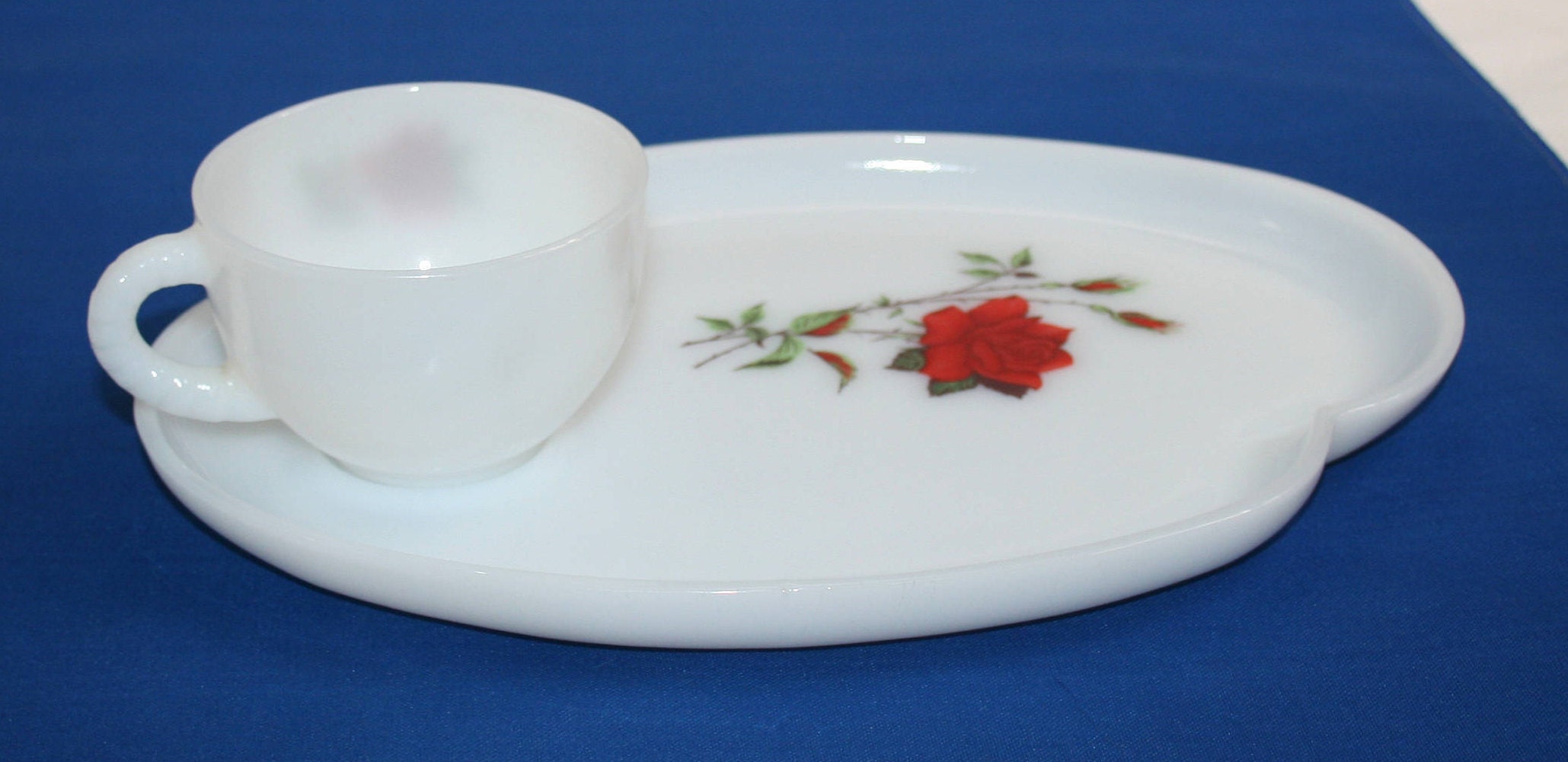 Vintage Federal Glass Teacup and Saucer Rosecrest Dura White Plate and Tea Cup Luncheon Snack