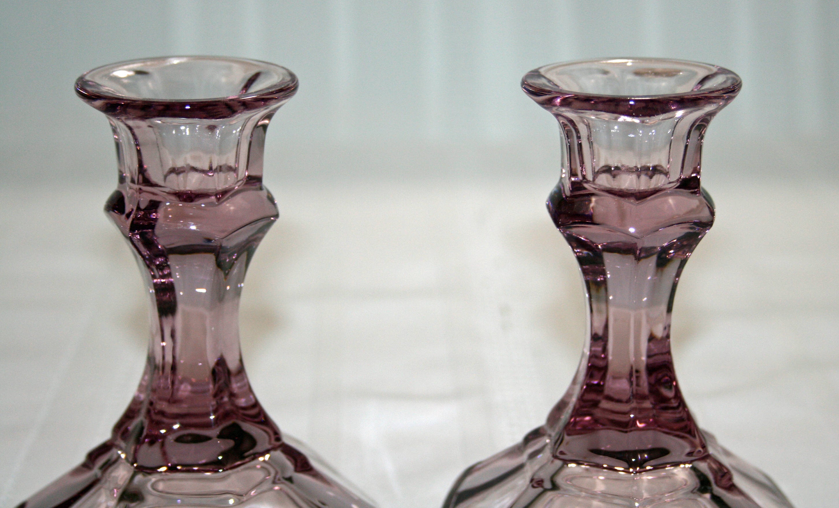 Vintage Amethyst Candlesticks Pressed Glass purple candle holders February wedding Depression