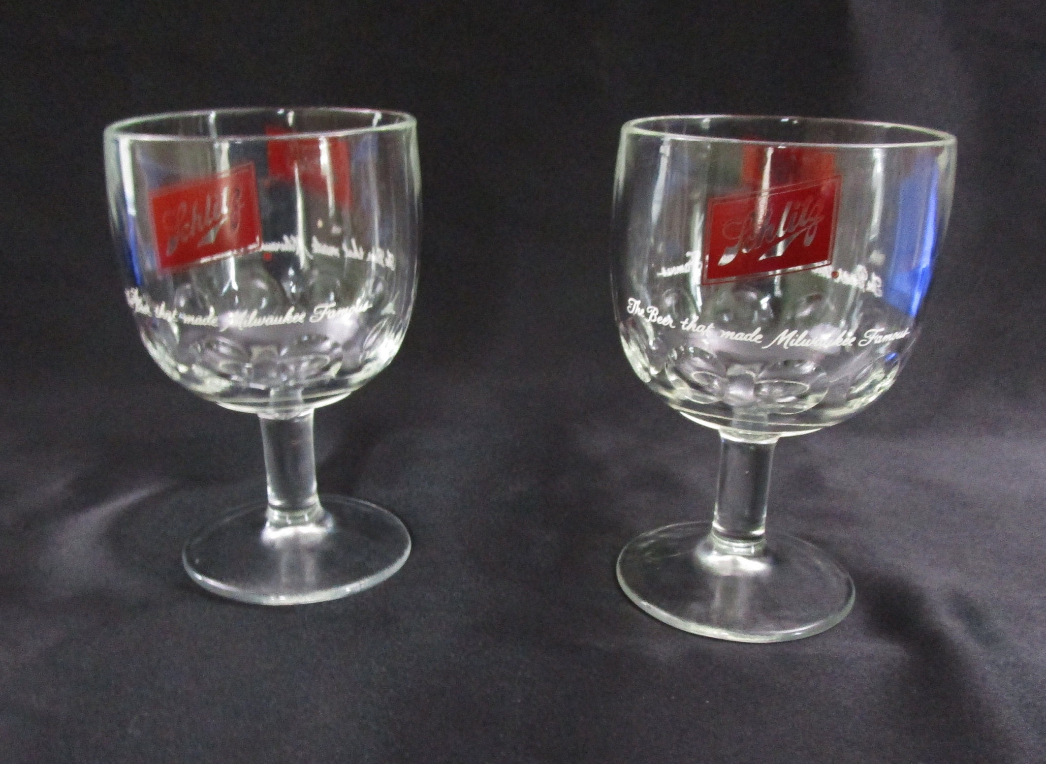 Vintage Pair Schlitz Beer Goblets Stemmed Thumbprint Goblet Milwaukee Beer Glass Barware