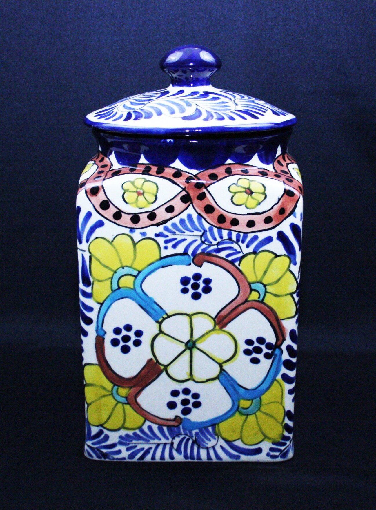 Vintage Talavera Mexican Earthenware Large Lidded Canister Signed Alba