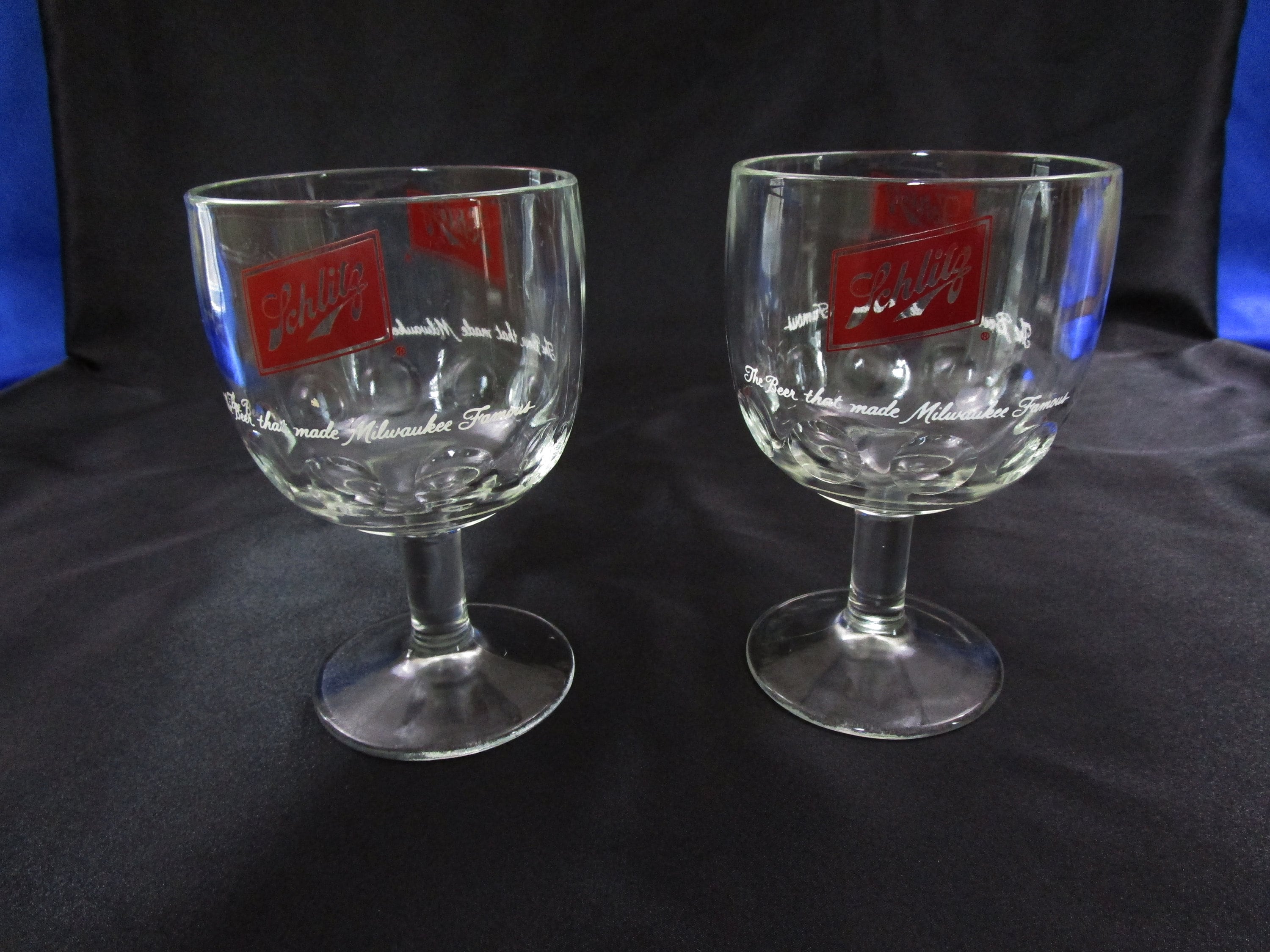 Vintage Pair Schlitz Beer Goblets Stemmed Thumbprint Goblet Milwaukee