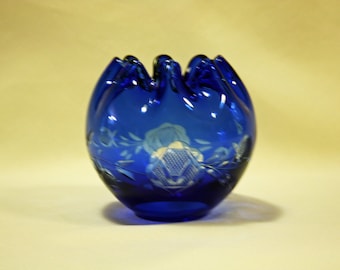 Vintage Czechoslovakia Bohemian Blown Art Glass Cobalt Blue Ruffle Top Rose Bowl Vase Cut to Clear Crystal Vase Czech pinched top