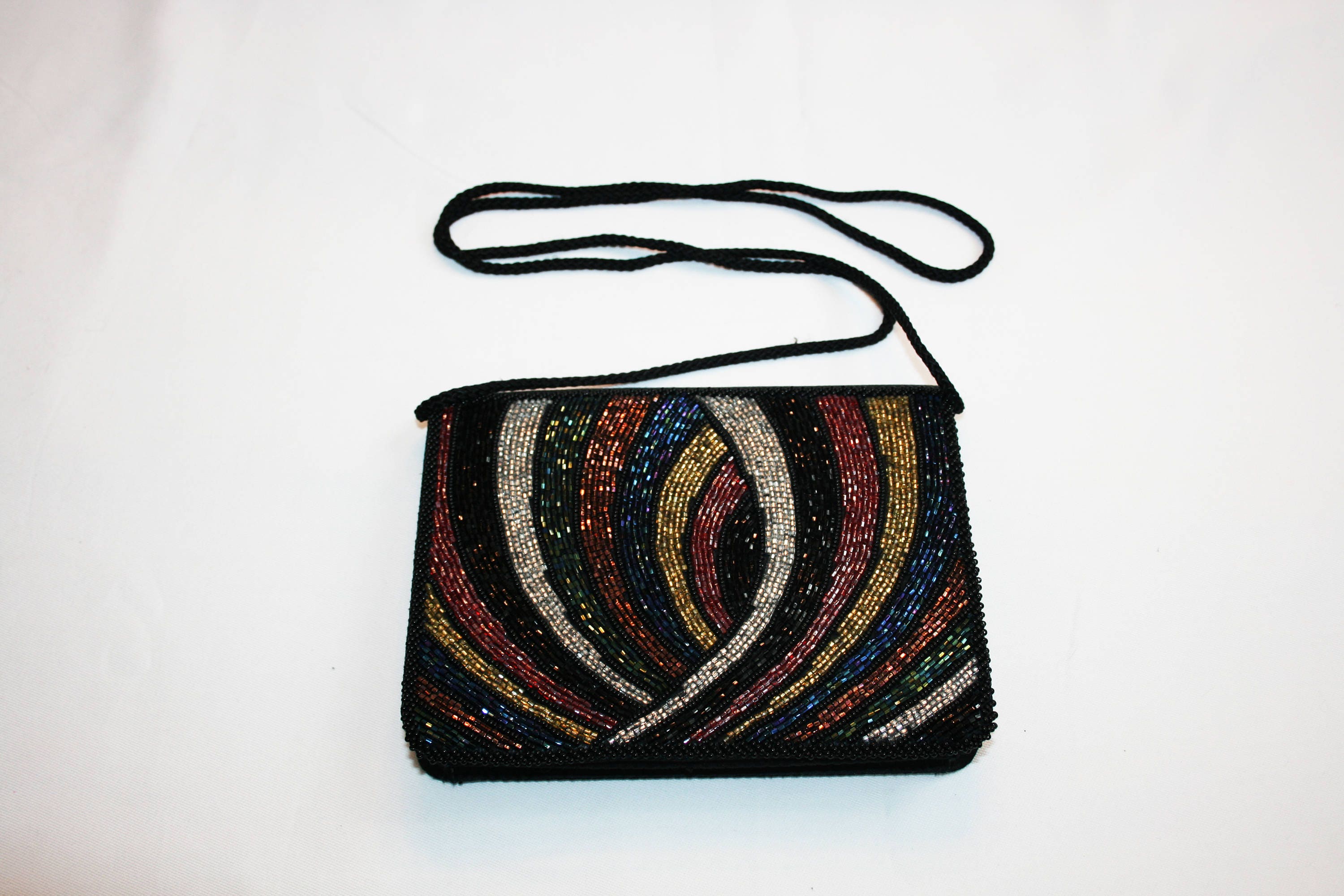 Vintage Black Satin Beaded Evening Bag with Button Snap Clasp, clutch ...