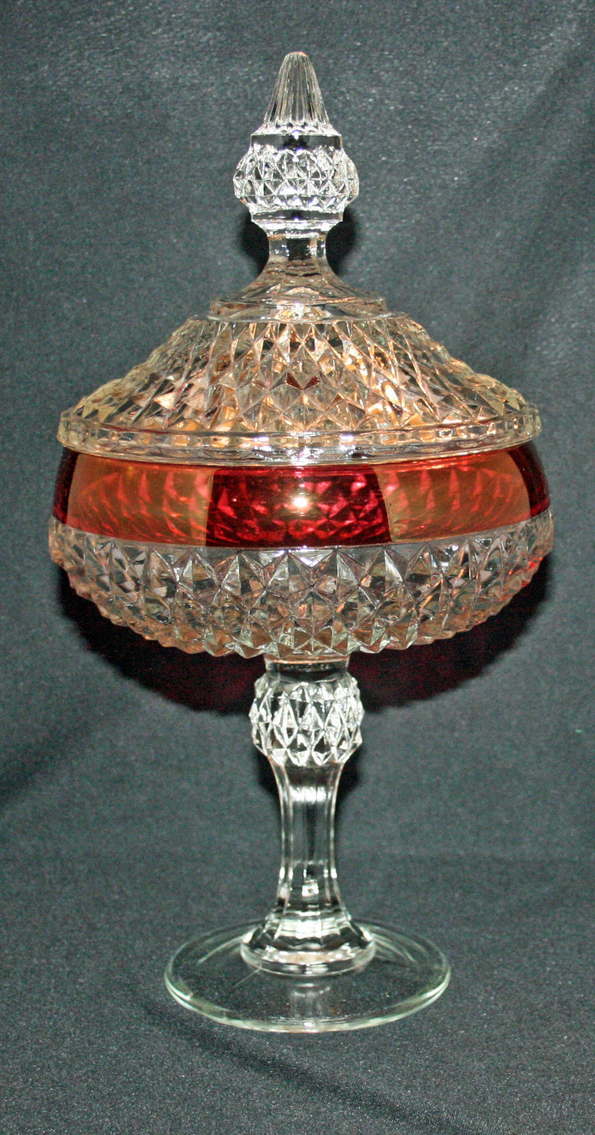 Vintage Indiana Glass Diamond Point Pedestal Candy Dish Ruby Band