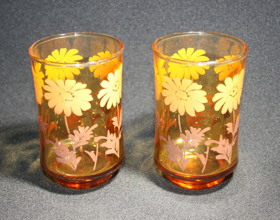 Vintage Libbey Glass Daisy Amber Orange Juice Glass set of 2 Breakfast