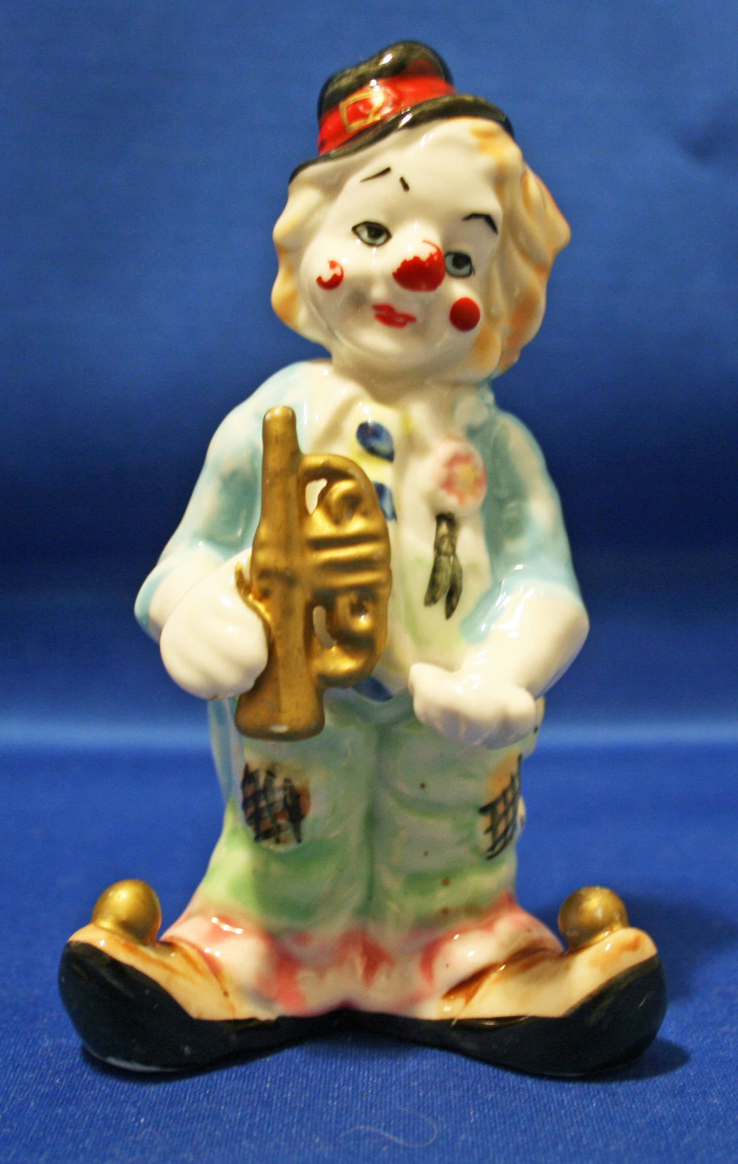 Vintage Occupied Japan Clown with Trumpet Hand Painted Ceramic Figurine