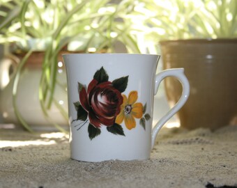 Vintage Coffee Mug Rosina Queens Fine Bone China Coffee Floral Mug Red Cabbage Roses Teacup Tea Cup