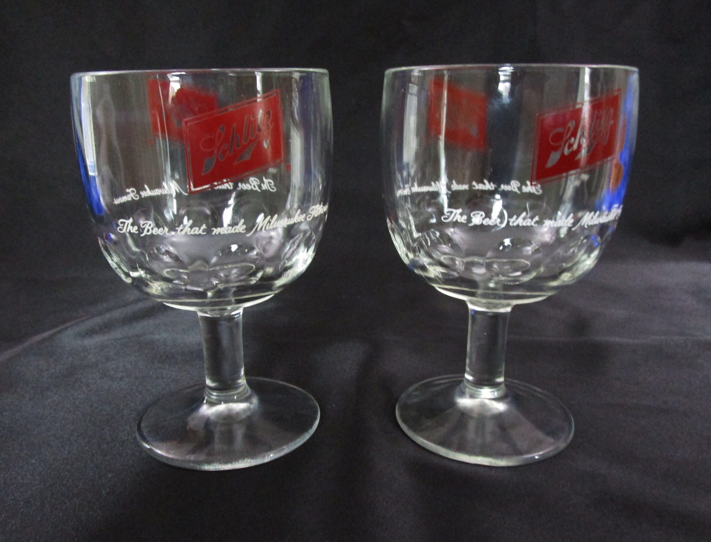 Vintage Pair Schlitz Beer Goblets Stemmed Thumbprint Goblet Milwaukee