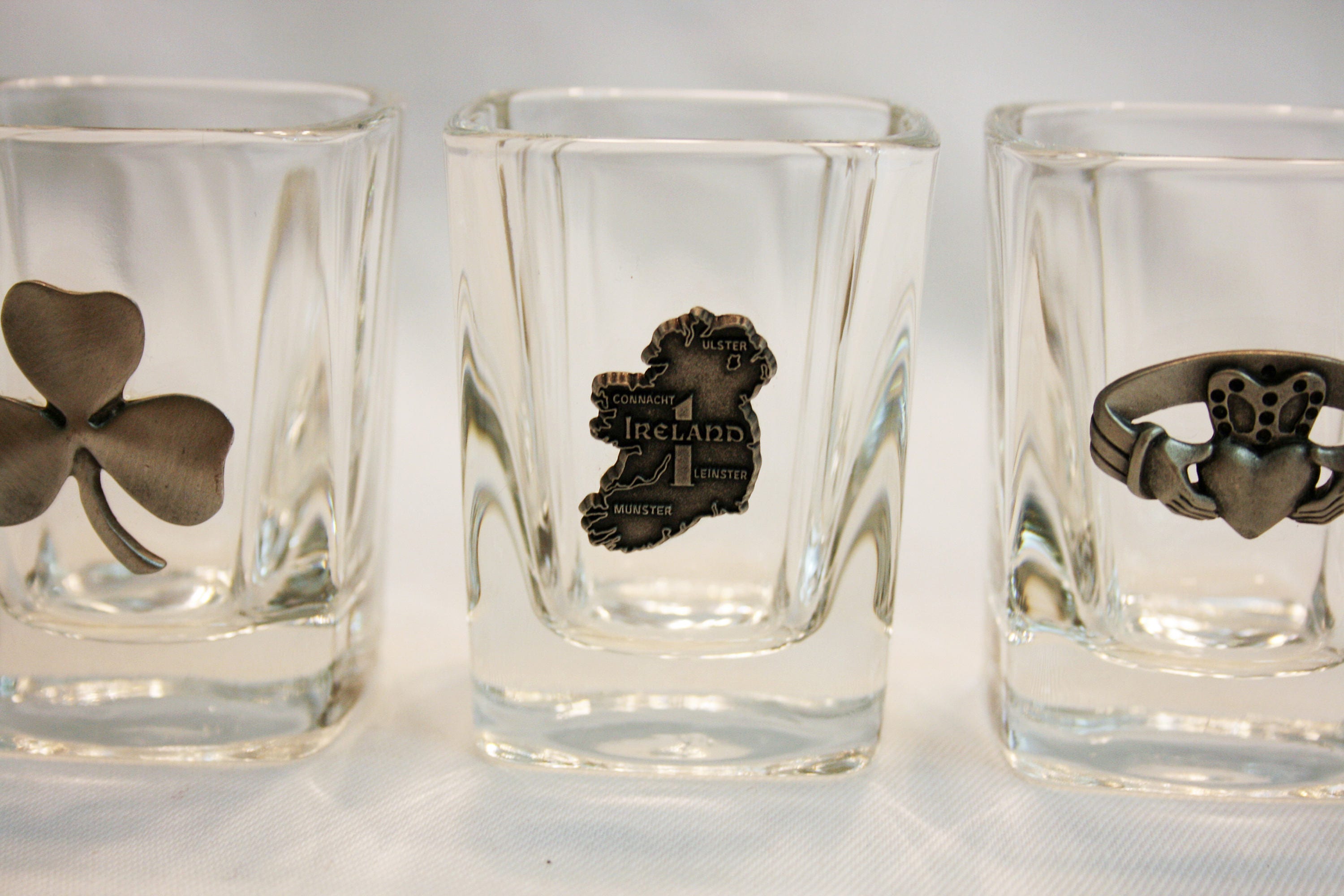 Three Square Irish Heritage Celtic Shot Glasses Shamrock, Claddagh Ring